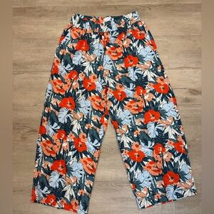 C&C California 100% Linen Floral Wide Leg High Waist Pull On Pants Sz L‎ Boho